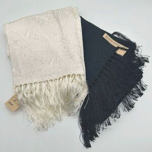 NWT Vtg Bergdorf Goodman Silk Scarves Bundle Satin Pattern Black White w Fringe